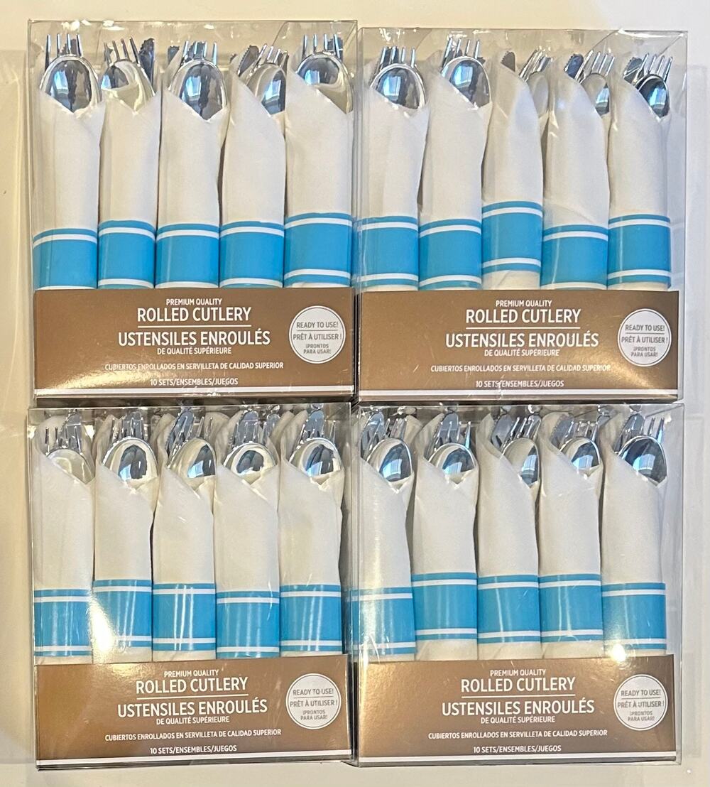 Carribean Blue Premium Rolled Cutlery Sets - Inc. Fork, Knife, & Spoon, 4 boxes